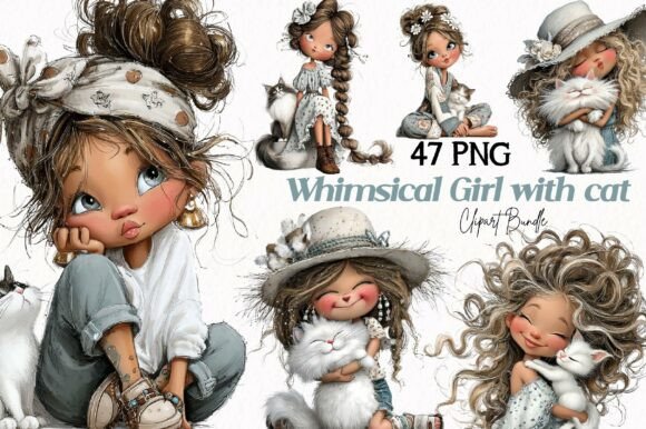 Download Whimsical Girl with Cat Clipart - Premium Resources
